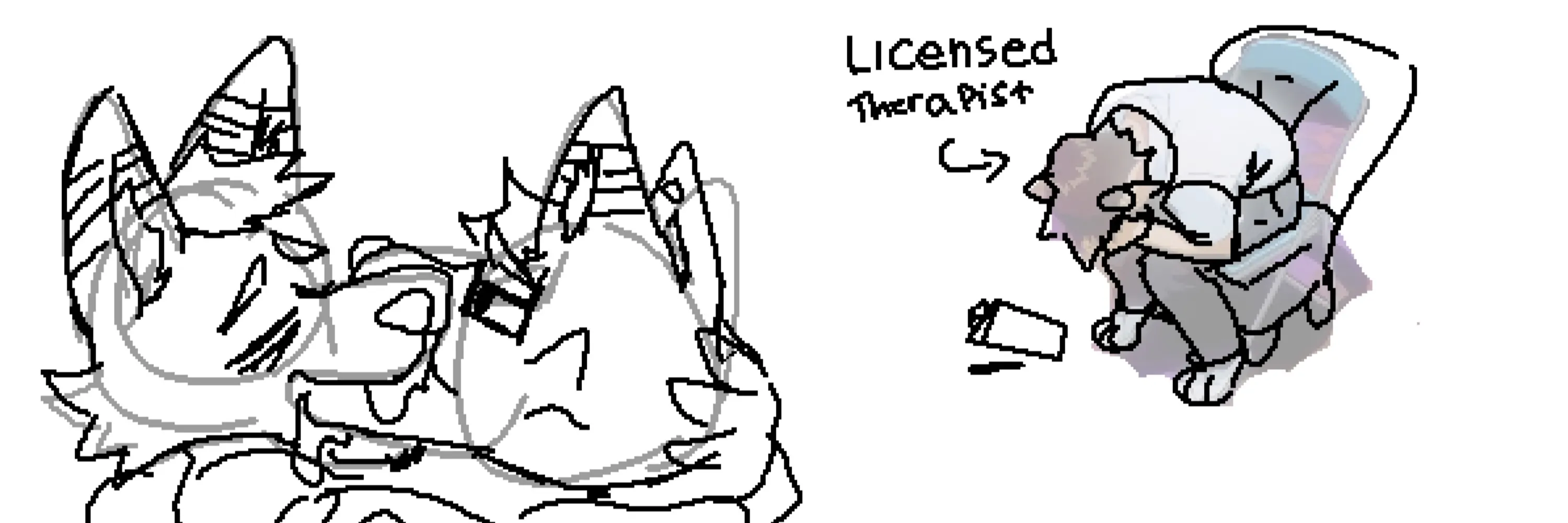 A pixel sketch of me and my dad making out whilst a person leans over in the Shinji pose, text point at them that reads 'Licensed Therapist'